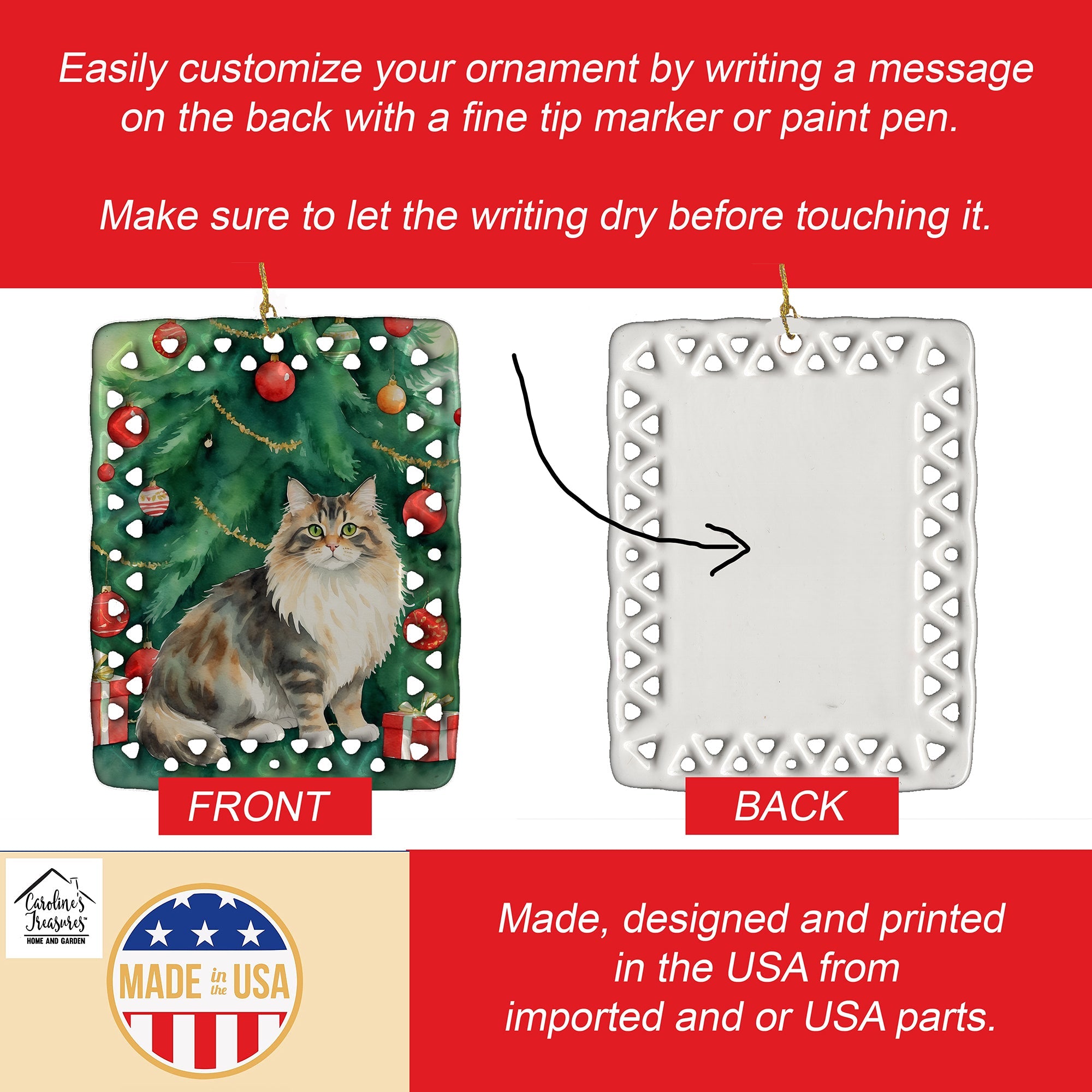 Cymric Cat By the Christmas Tree Porcelain Ornament Christmas Tree Hanging Decorations for Home Christmas Holiday, Rectangle, Gift, Multicolor