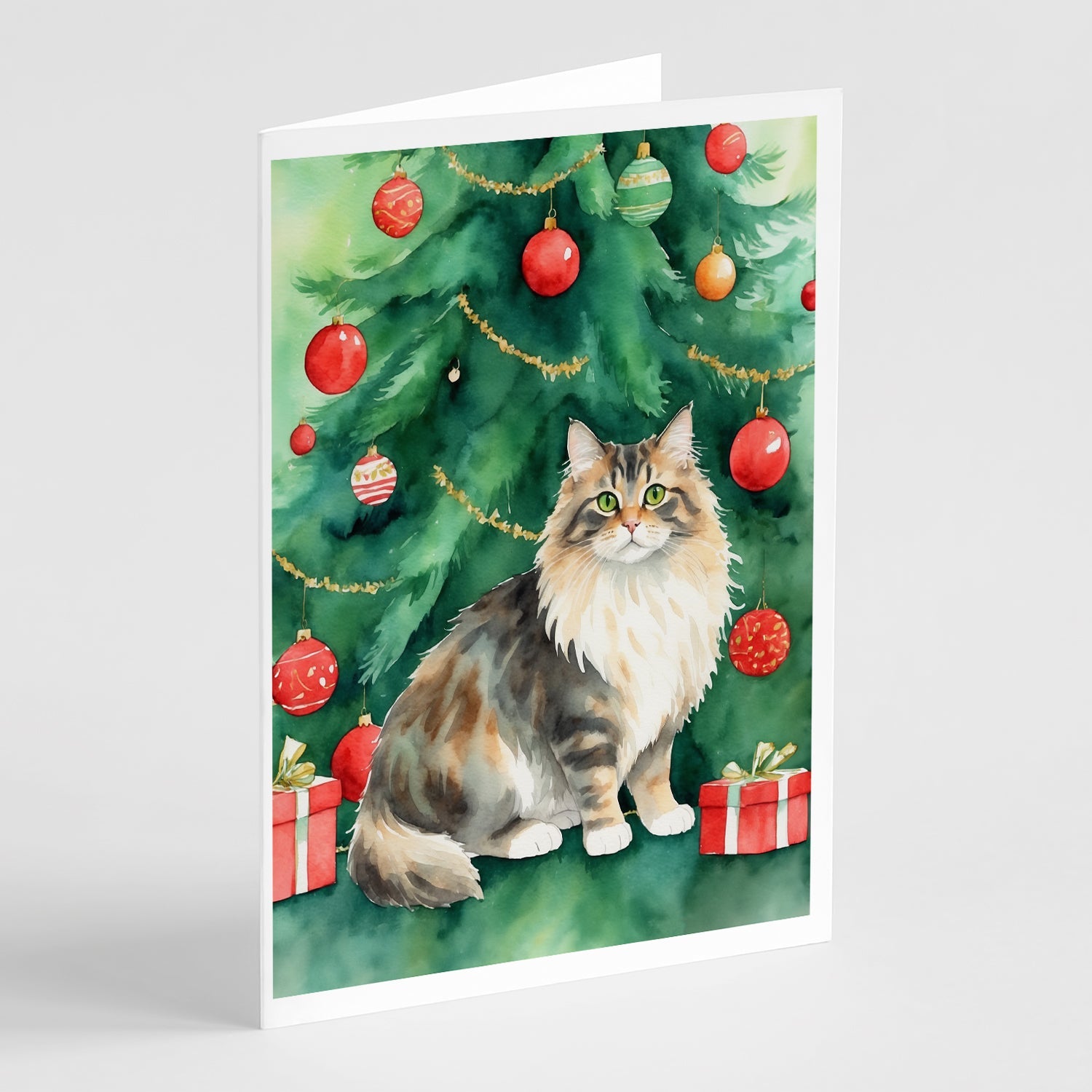 Cymric Cat By the Christmas Tree Greeting Cards Pack of 8 Blank Cards with Envelopes Whimsical A7 Size 5x7