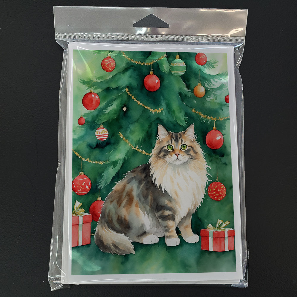 Cymric Cat By the Christmas Tree Greeting Cards Pack of 8 Blank Cards with Envelopes Whimsical A7 Size 5x7