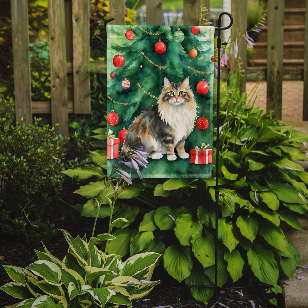 Cymric Cat By the Christmas Tree Garden Flag Mailbox Decorative Yard Banner Outside Patio Artwork for Flower Beds, Garden Size, Multicolor