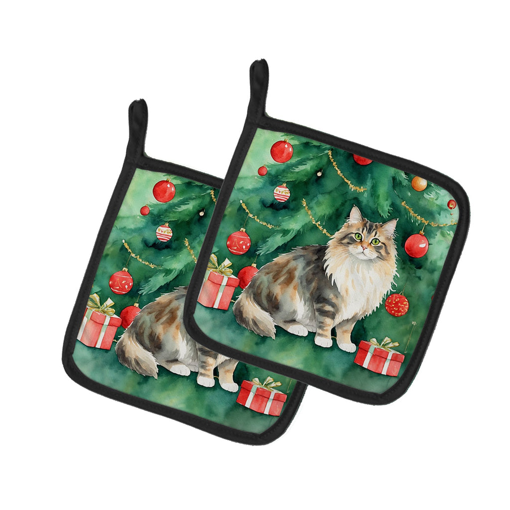 Cymric Cat By the Christmas Tree Pot Holder Set of 2 Heat Resistant Quilted Hot Pads 7.5 x 7.5 Inch, Insulated Kitchen Trivets for Cooking & Baking