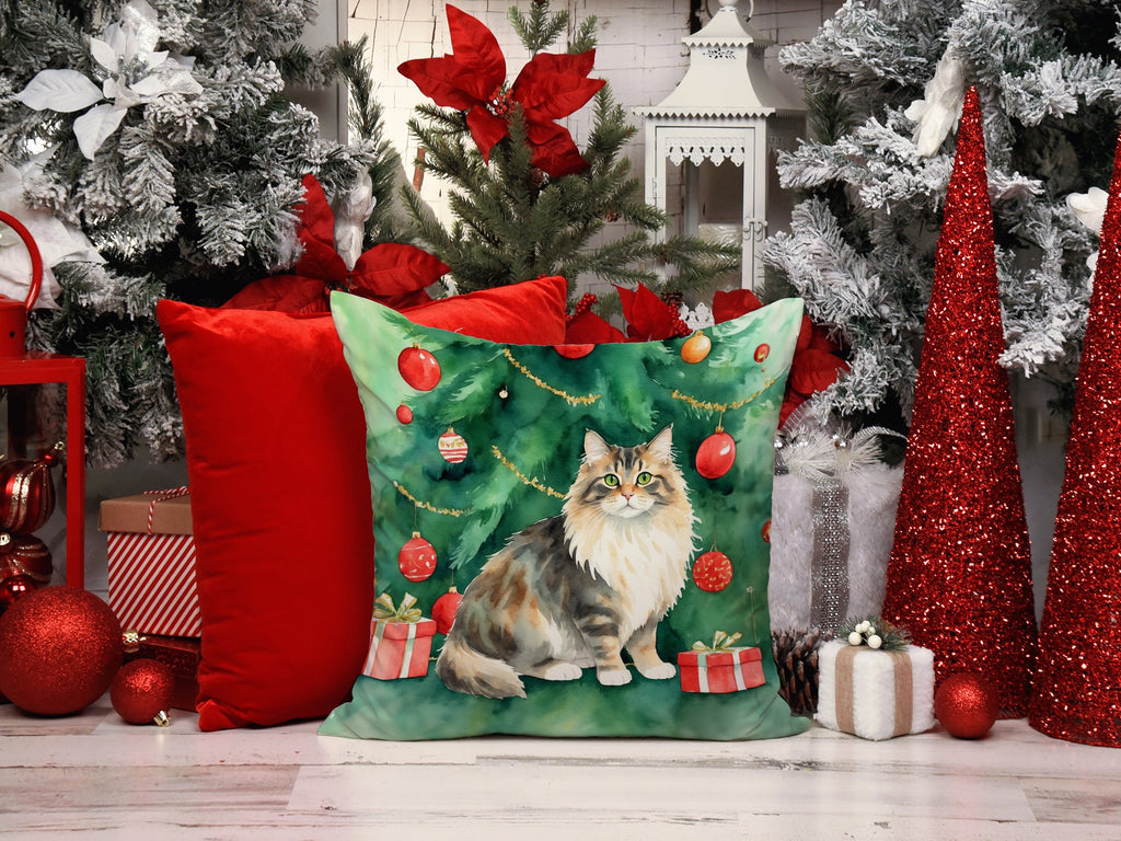 Cymric Cat By the Christmas Tree Decorative Throw Pillow 18x18 Indoor Outdoor Accent Cushion, Fabric Cover with Insert for Sofa, Bed, Porch & Living Room