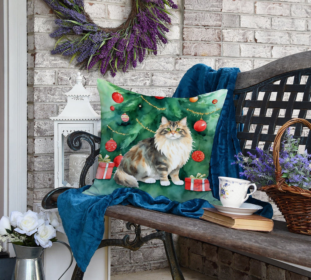 Cymric Cat By the Christmas Tree Decorative Throw Pillow 18x18 Indoor Outdoor Accent Cushion, Fabric Cover with Insert for Sofa, Bed, Porch & Living Room