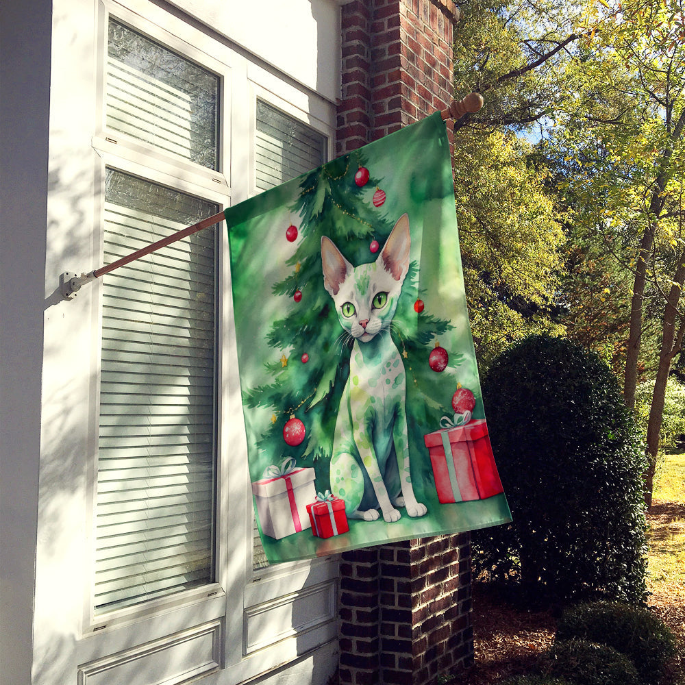 Devon Rex Cat By the Christmas Tree House Flag 28x40 Porch Sleeve Pole Decorative Outside Yard Banner Artwork Wall Hanging, Polyester
