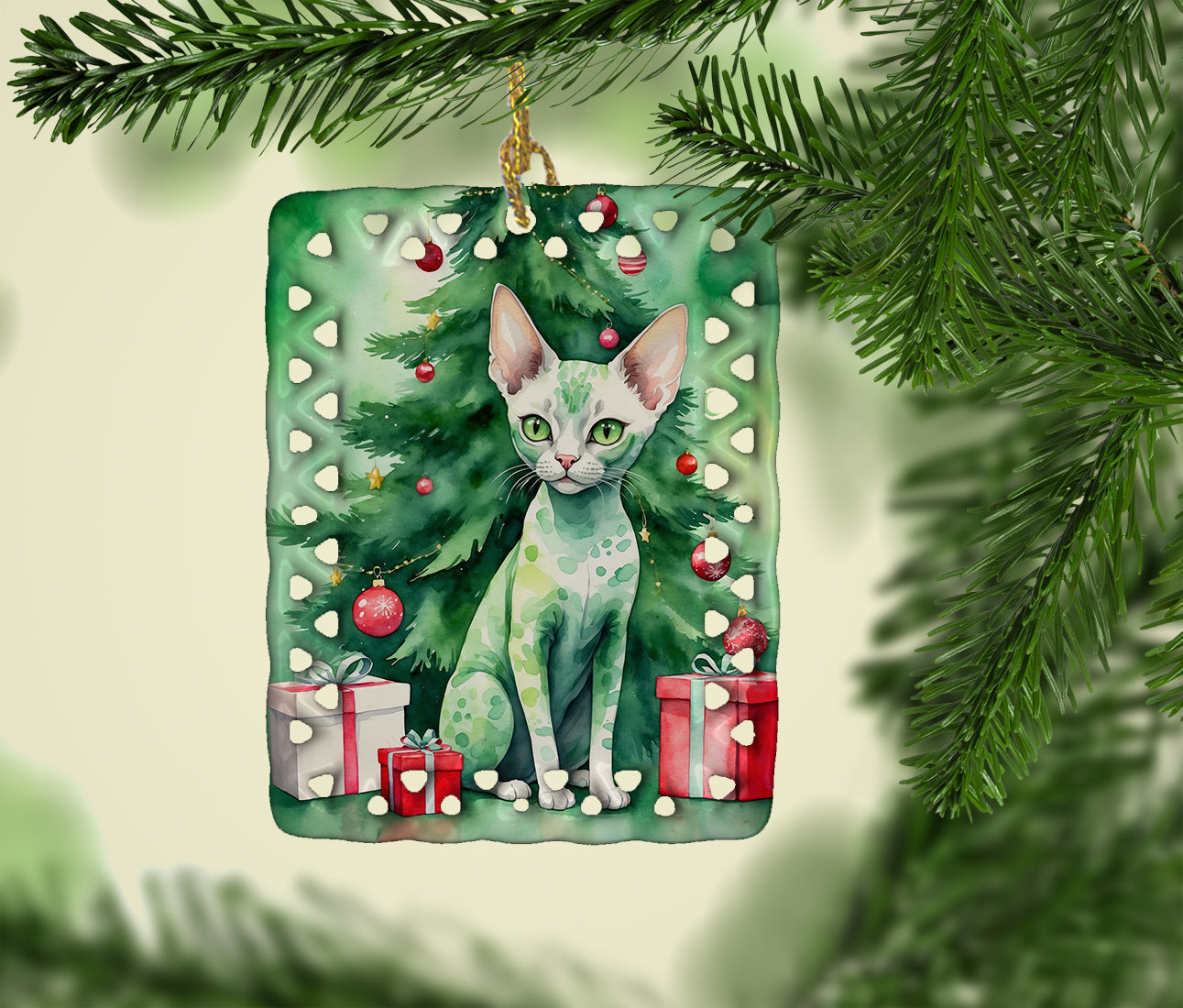 Devon Rex Cat By the Christmas Tree Porcelain Ornament Christmas Tree Hanging Decorations for Home Christmas Holiday, Rectangle, Gift, Multicolor