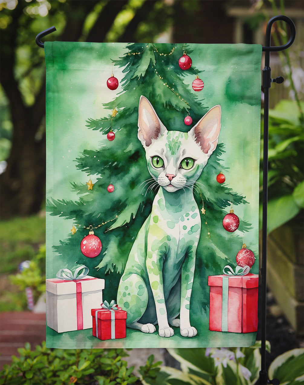 Devon Rex Cat By the Christmas Tree Garden Flag Mailbox Decorative Yard Banner Outside Patio Artwork for Flower Beds, Garden Size, Multicolor