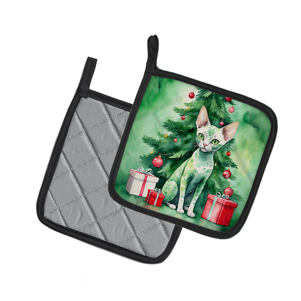 Devon Rex Cat By the Christmas Tree Pot Holder Set of 2 Heat Resistant Quilted Hot Pads 7.5 x 7.5 Inch, Insulated Kitchen Trivets for Cooking & Baking