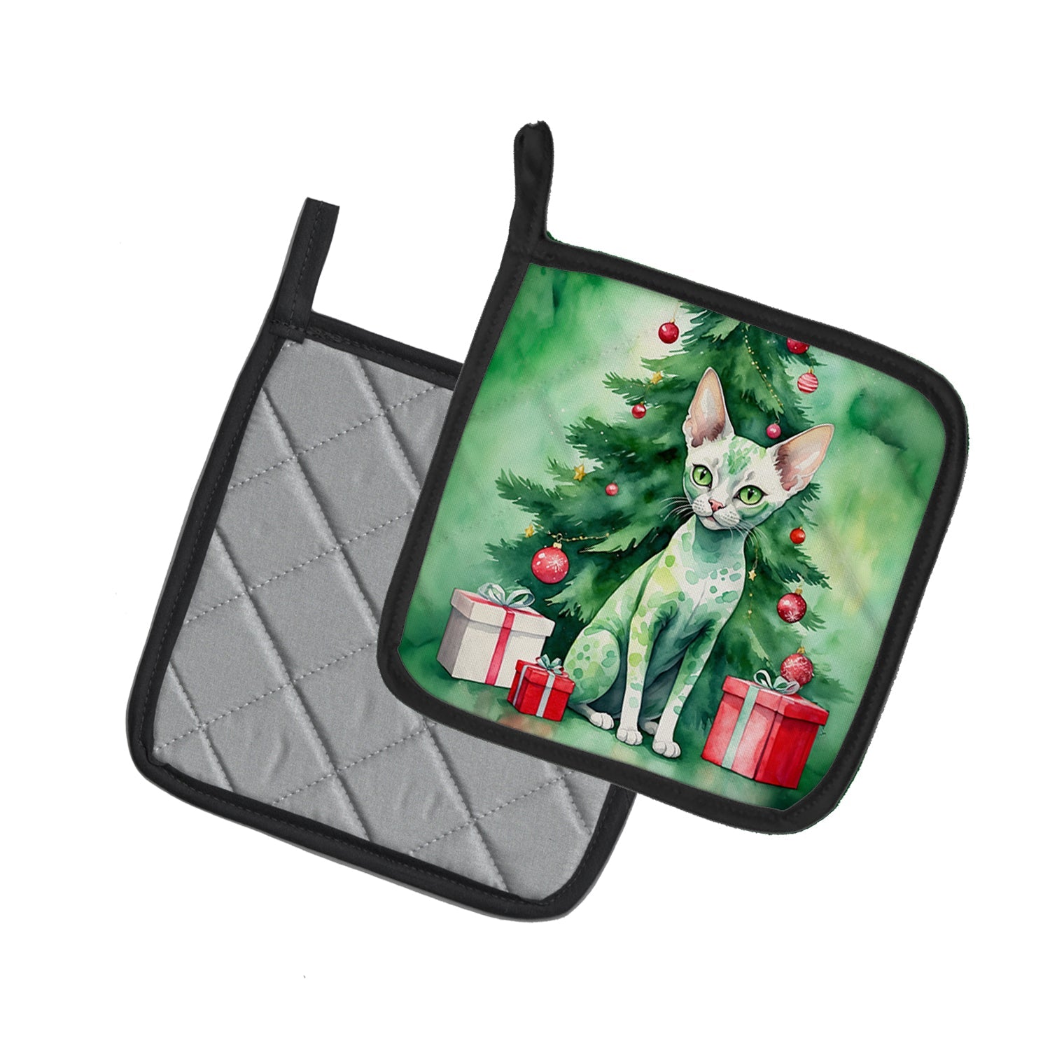 Devon Rex Cat By the Christmas Tree Pot Holder Set of 2 Heat Resistant Quilted Hot Pads 7.5 x 7.5 Inch, Insulated Kitchen Trivets for Cooking & Baking