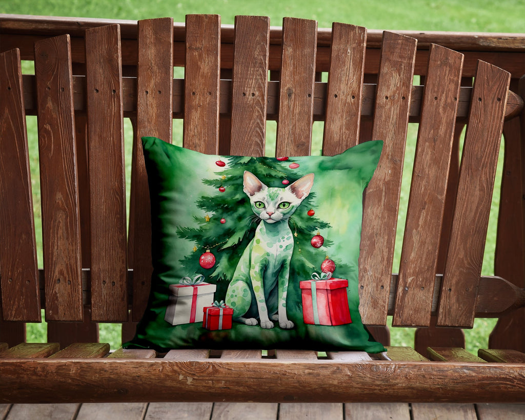 Devon Rex Cat By the Christmas Tree Decorative Throw Pillow 14x14 Indoor Outdoor Accent Cushion, Fabric Cover with Insert for Sofa, Bed, Porch & Living Room