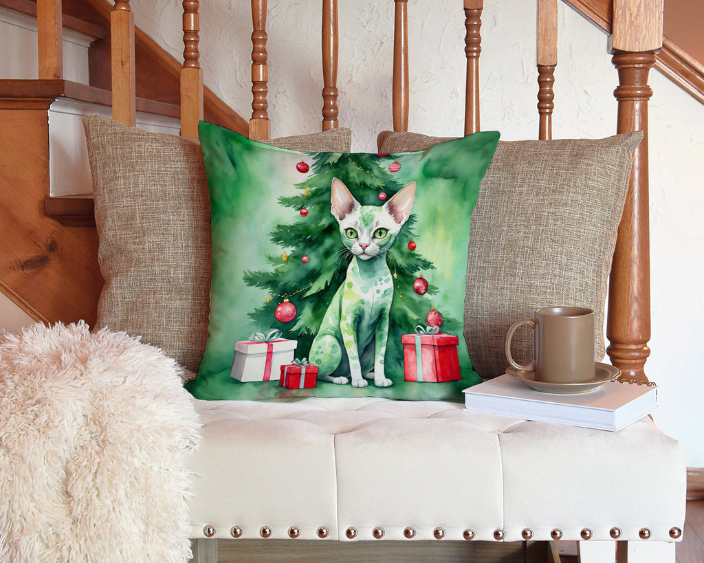 Devon Rex Cat By the Christmas Tree Decorative Throw Pillow 14x14 Indoor Outdoor Accent Cushion, Fabric Cover with Insert for Sofa, Bed, Porch & Living Room