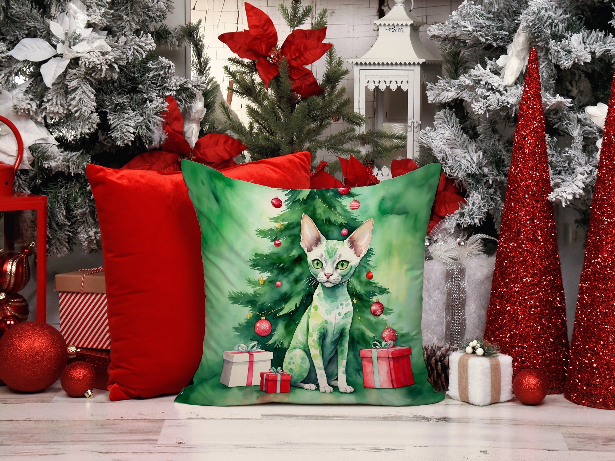 Devon Rex Cat By the Christmas Tree Decorative Throw Pillow 18x18 Indoor Outdoor Accent Cushion, Fabric Cover with Insert for Sofa, Bed, Porch & Living Room