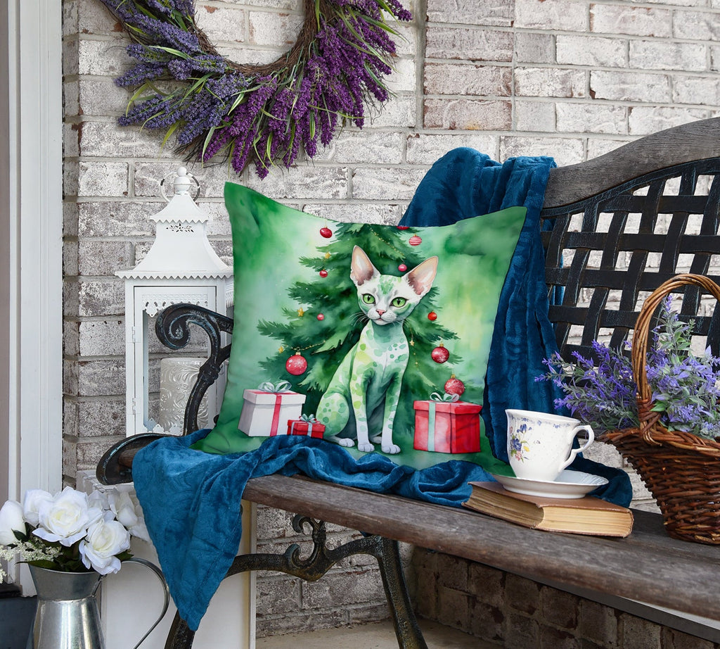 Devon Rex Cat By the Christmas Tree Decorative Throw Pillow 18x18 Indoor Outdoor Accent Cushion, Fabric Cover with Insert for Sofa, Bed, Porch & Living Room