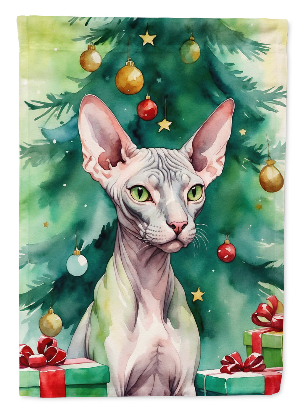 Donskoy Don Sphynx Cat By the Christmas Tree House Flag 28x40 Porch Sleeve Pole Decorative Outside Yard Banner Artwork Wall Hanging, Polyester