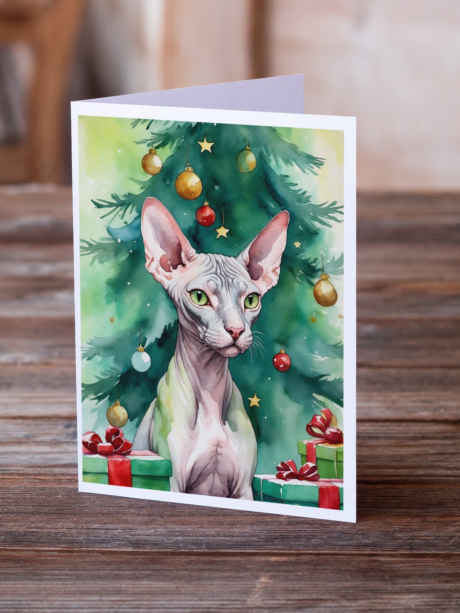 Donskoy Don Sphynx Cat By the Christmas Tree Greeting Cards Pack of 8 Blank Cards with Envelopes Whimsical A7 Size 5x7