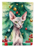 Donskoy Don Sphynx Cat By the Christmas Tree Garden Flag Mailbox Decorative Yard Banner Outside Patio Artwork for Flower Beds, Garden Size, Multicolor