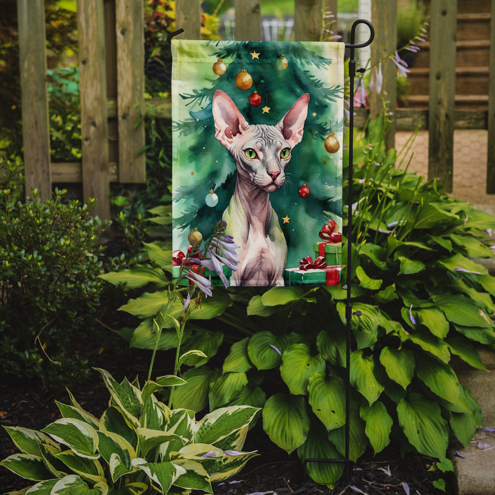 Donskoy Don Sphynx Cat By the Christmas Tree Garden Flag Mailbox Decorative Yard Banner Outside Patio Artwork for Flower Beds, Garden Size, Multicolor