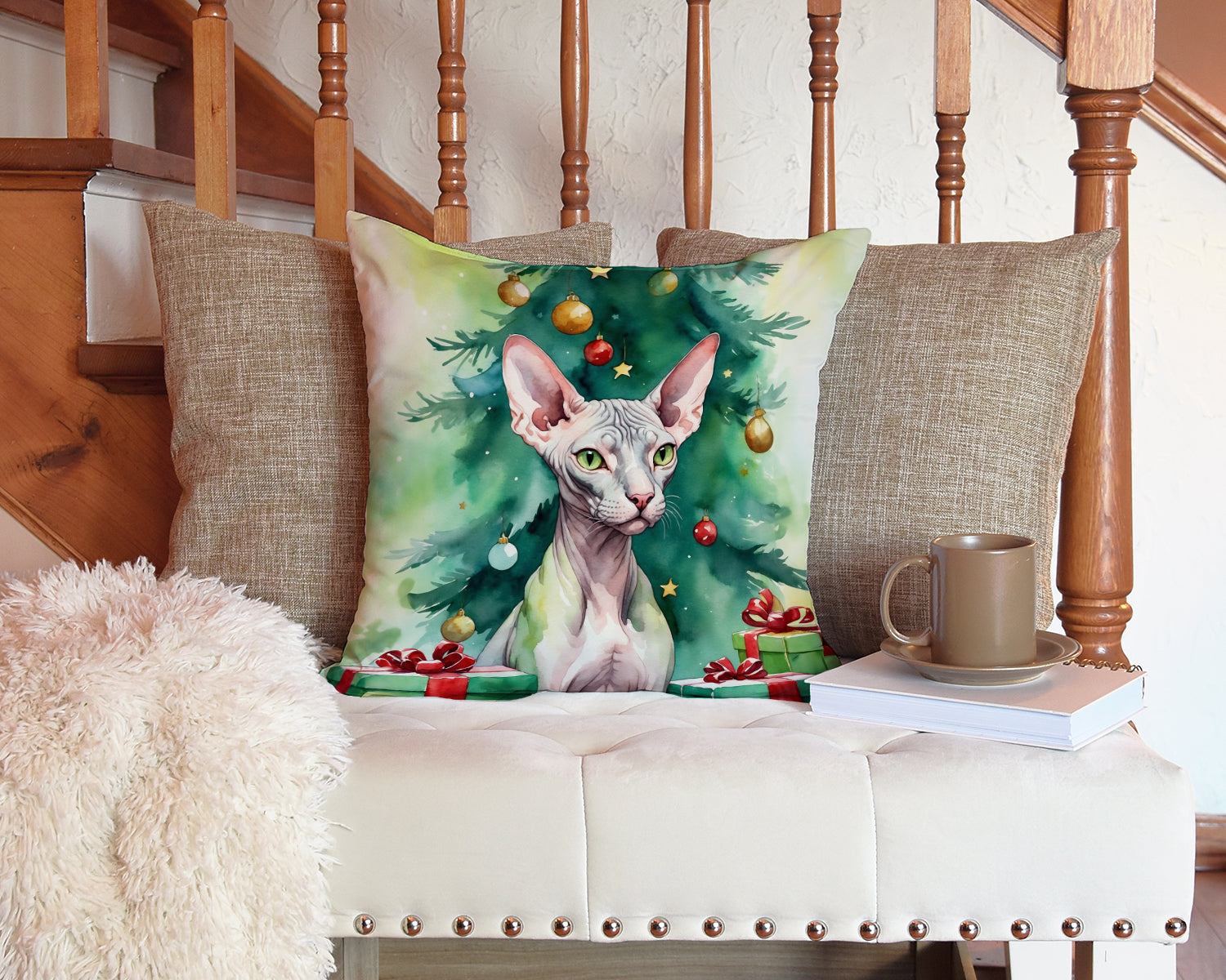 Donskoy Don Sphynx Cat By the Christmas Tree Decorative Throw Pillow 14x14 Indoor Outdoor Accent Cushion, Fabric Cover with Insert for Sofa, Bed, Porch & Living Room