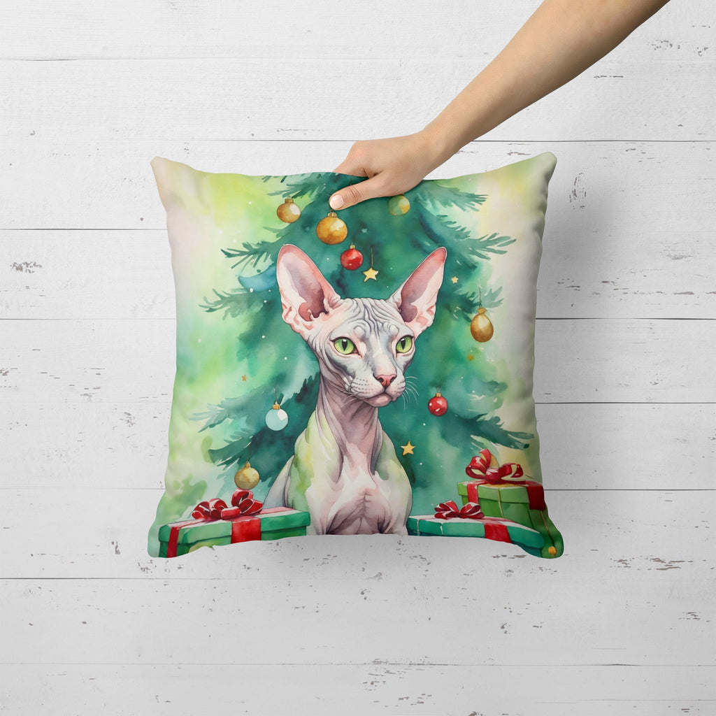 Donskoy Don Sphynx Cat By the Christmas Tree Decorative Throw Pillow 18x18 Indoor Outdoor Accent Cushion, Fabric Cover with Insert for Sofa, Bed, Porch & Living Room