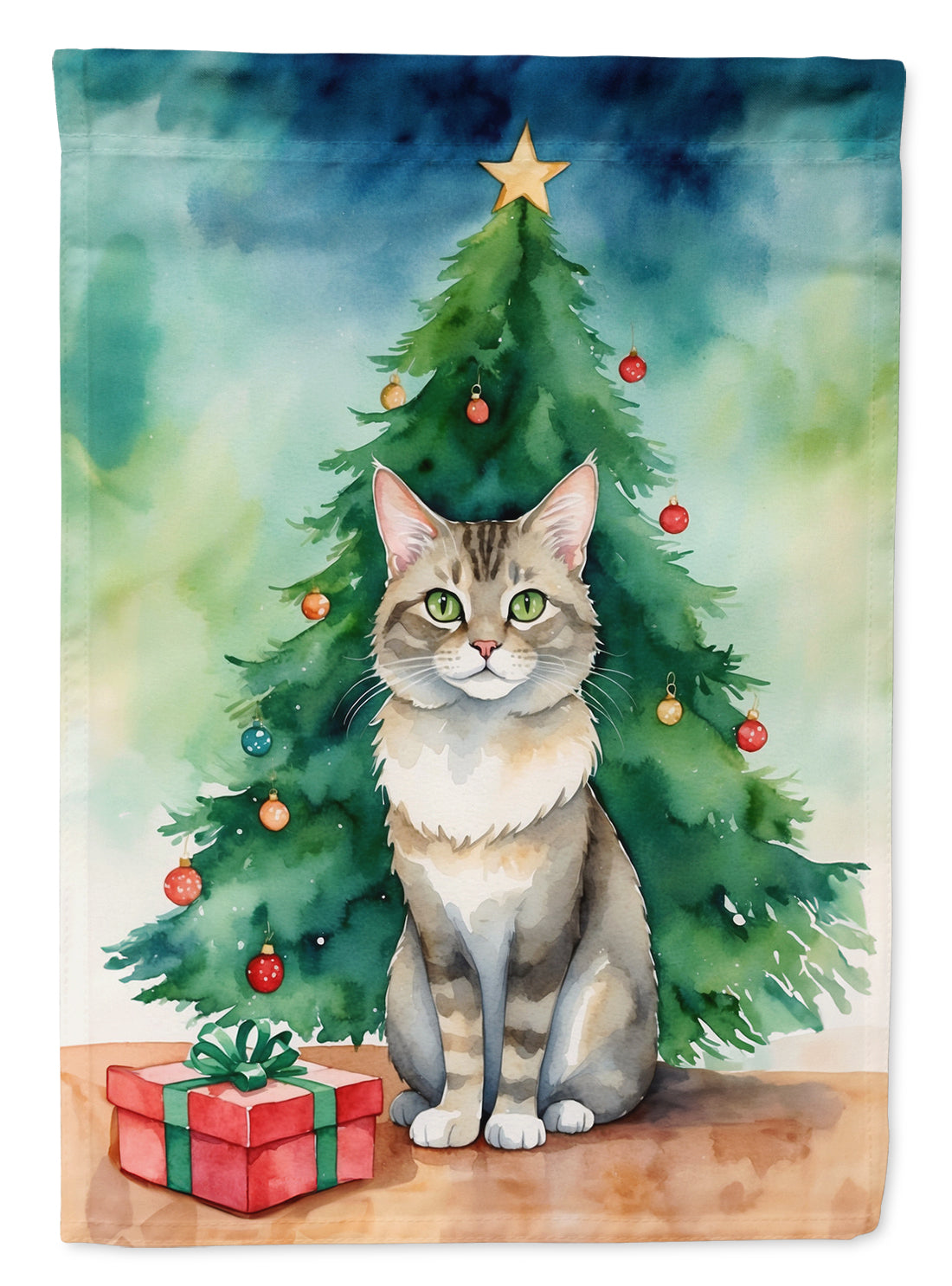 Dwelf Cat By the Christmas Tree House Flag 28x40 Porch Sleeve Pole Decorative Outside Yard Banner Artwork Wall Hanging, Polyester