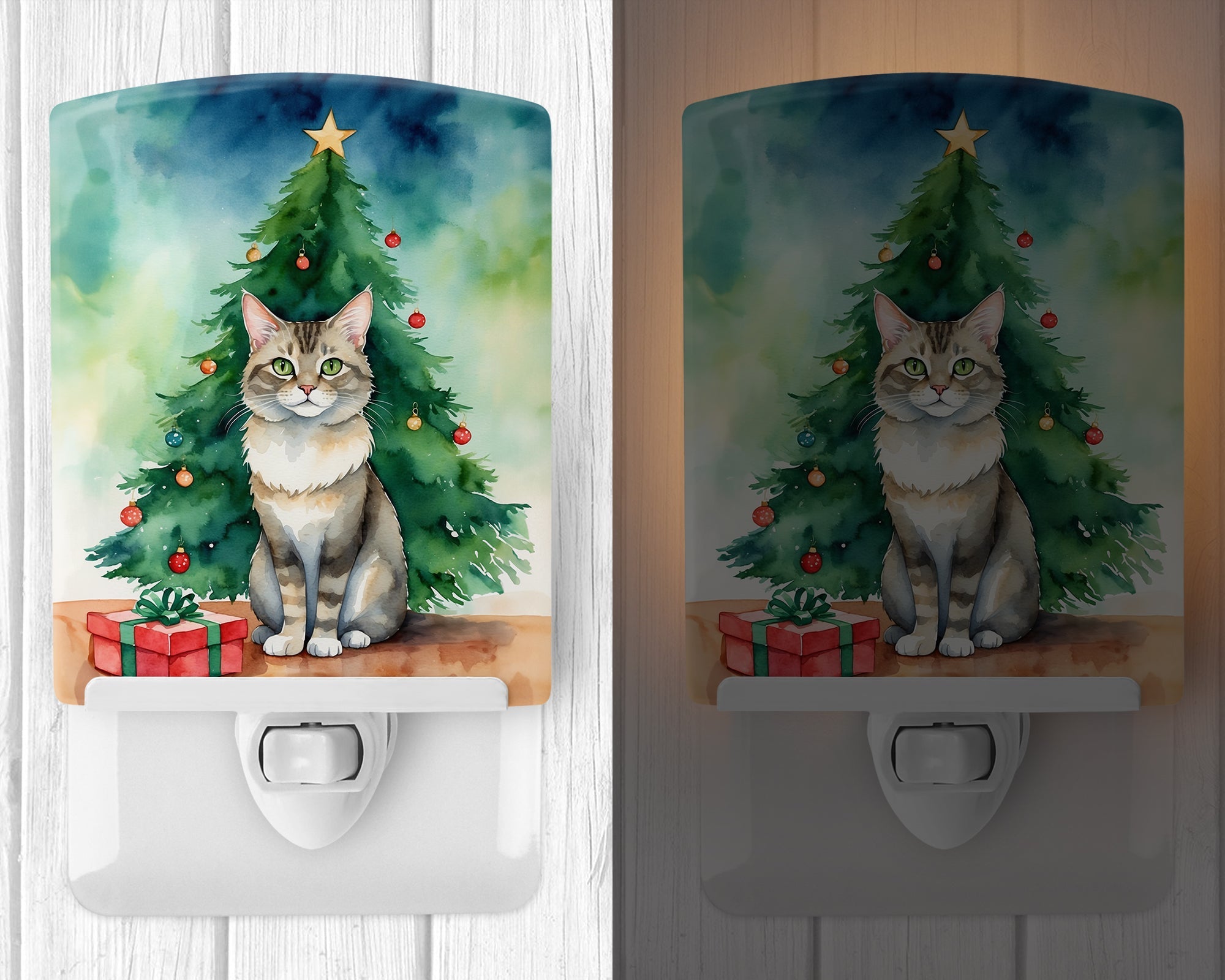 Dwelf Cat By the Christmas Tree Ceramic Night Light Compact, UL-Certified, Ideal for Bedroom, Bathroom, Nursery, Hallway, Kitchen, 6x4x3, Multicolor