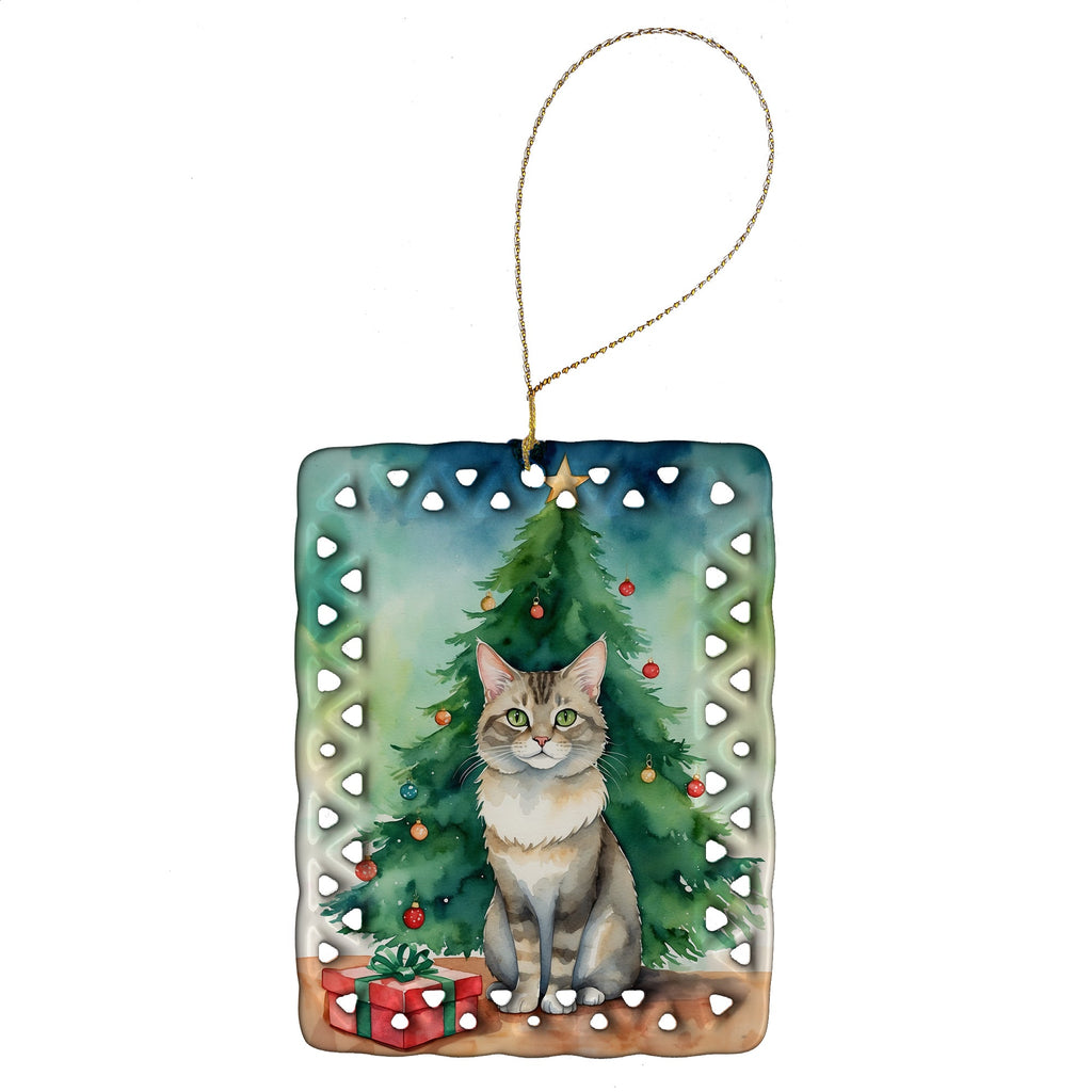 Dwelf Cat By the Christmas Tree Porcelain Ornament Christmas Tree Hanging Decorations for Home Christmas Holiday, Rectangle, Gift, Multicolor