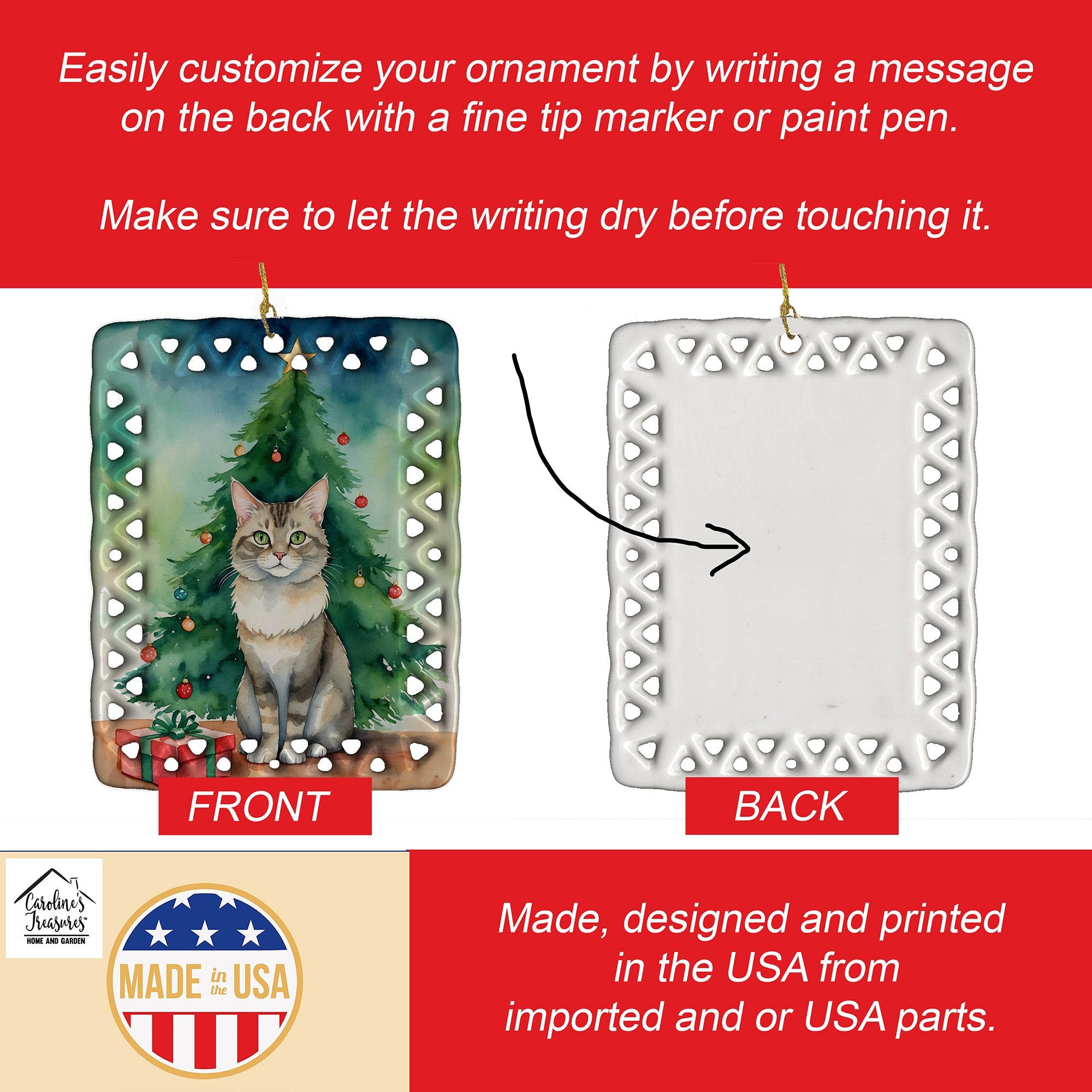 Dwelf Cat By the Christmas Tree Porcelain Ornament Christmas Tree Hanging Decorations for Home Christmas Holiday, Rectangle, Gift, Multicolor