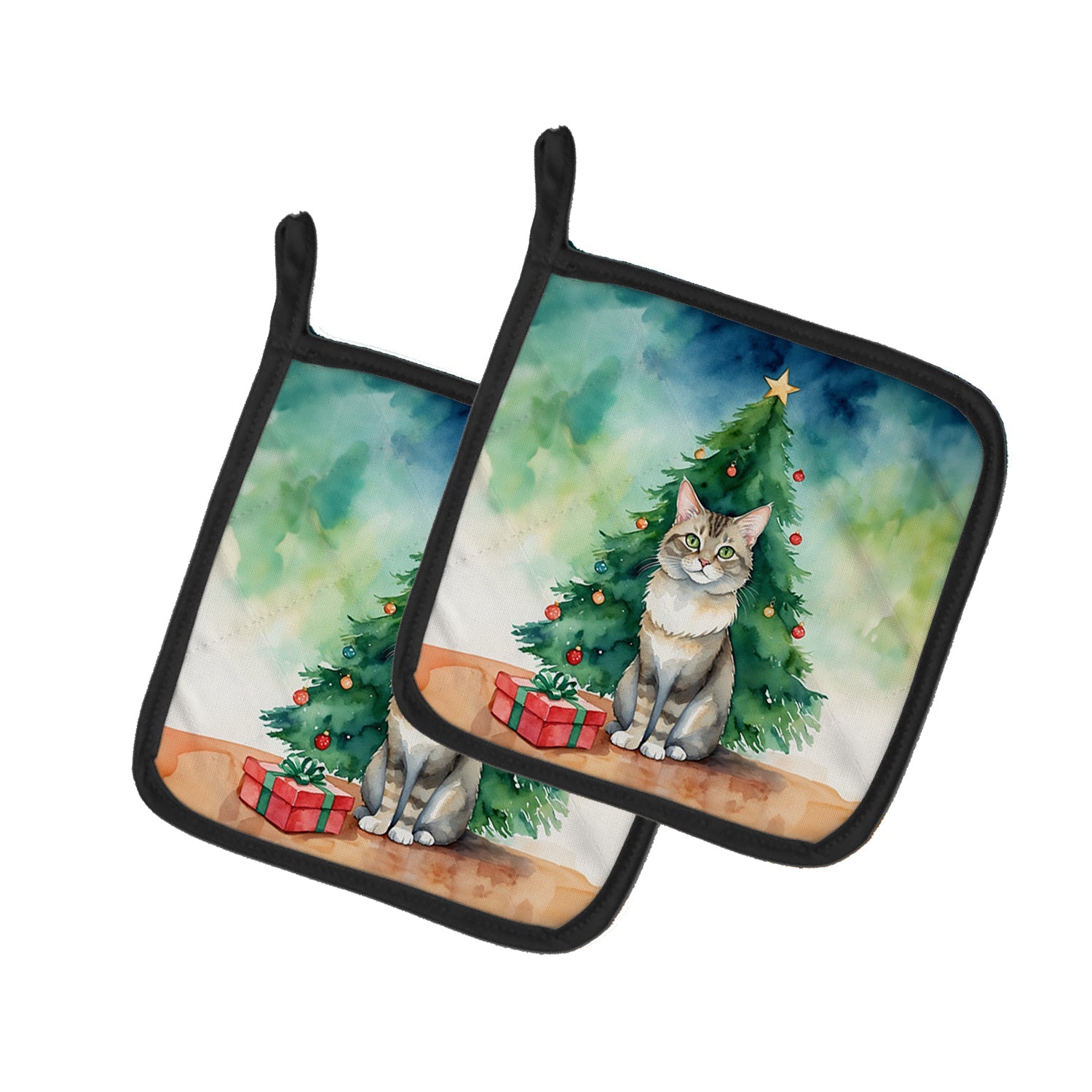 Dwelf Cat By the Christmas Tree Pot Holder Set of 2 Heat Resistant Quilted Hot Pads 7.5 x 7.5 Inch, Insulated Kitchen Trivets for Cooking & Baking