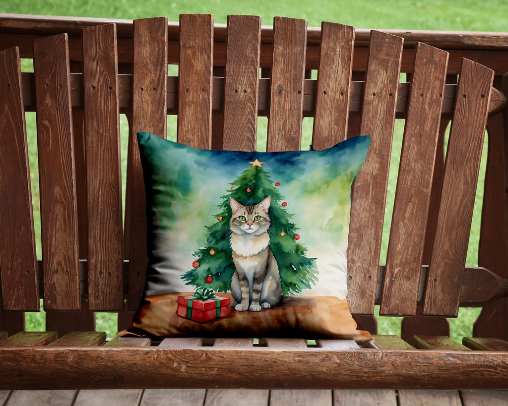 Dwelf Cat By the Christmas Tree Decorative Throw Pillow 14x14 Indoor Outdoor Accent Cushion, Fabric Cover with Insert for Sofa, Bed, Porch & Living Room