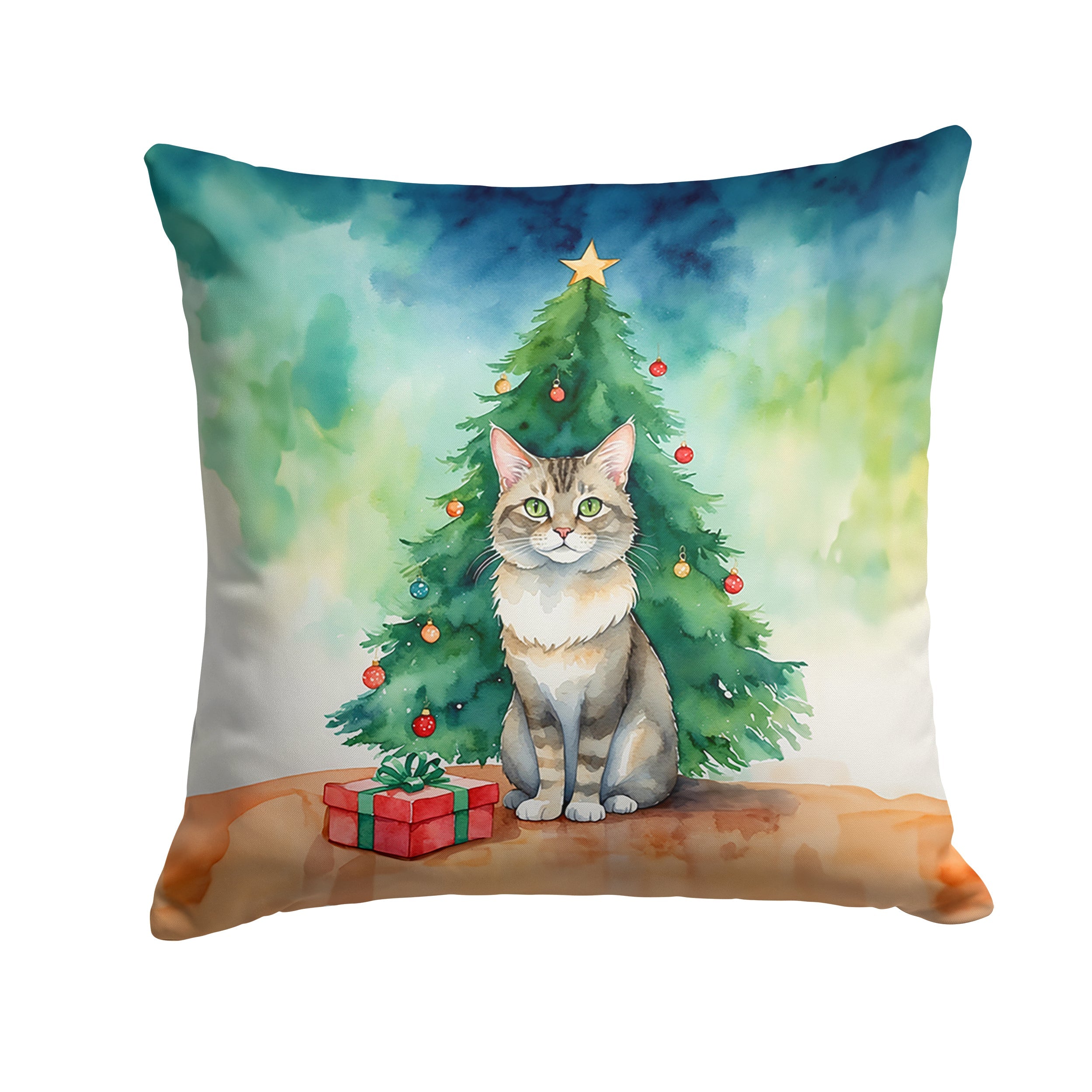 Dwelf Cat By the Christmas Tree Decorative Throw Pillow 18x18 Indoor Outdoor Accent Cushion, Fabric Cover with Insert for Sofa, Bed, Porch & Living Room