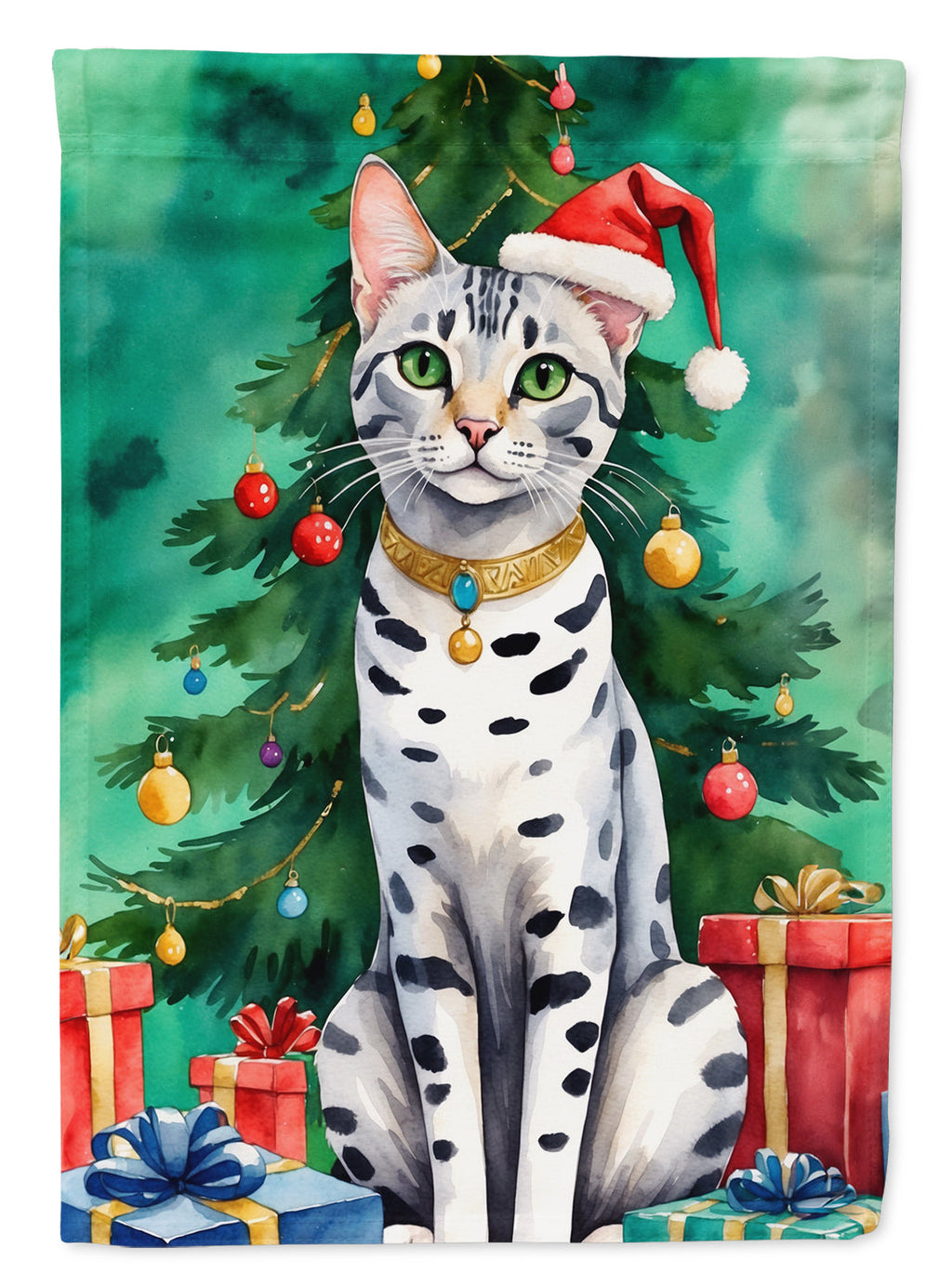 Egyptian Mau Cat By the Christmas Tree House Flag 28x40 Porch Sleeve Pole Decorative Outside Yard Banner Artwork Wall Hanging, Polyester