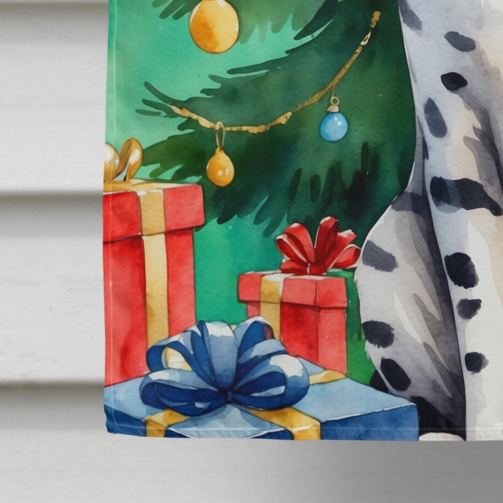 Egyptian Mau Cat By the Christmas Tree House Flag 28x40 Porch Sleeve Pole Decorative Outside Yard Banner Artwork Wall Hanging, Polyester