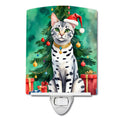 Egyptian Mau Cat By the Christmas Tree Ceramic Night Light Compact, UL-Certified, Ideal for Bedroom, Bathroom, Nursery, Hallway, Kitchen, 6x4x3, Multicolor