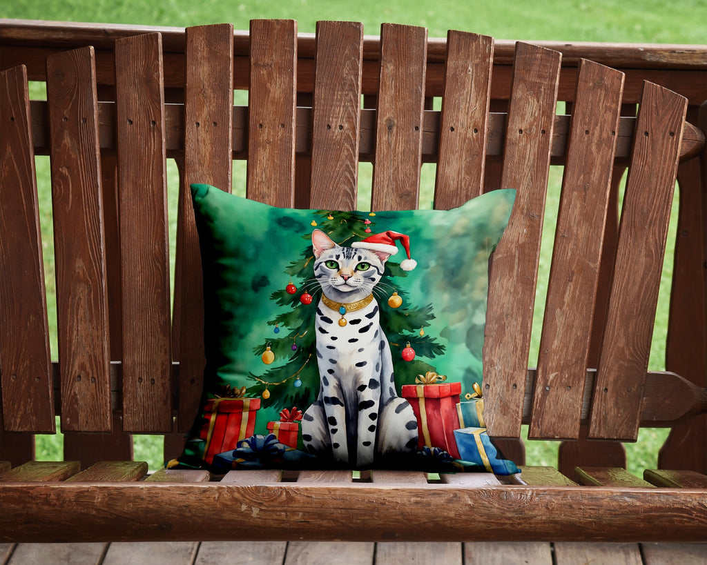 Egyptian Mau Cat By the Christmas Tree Decorative Throw Pillow 14x14 Indoor Outdoor Accent Cushion, Fabric Cover with Insert for Sofa, Bed, Porch & Living Room
