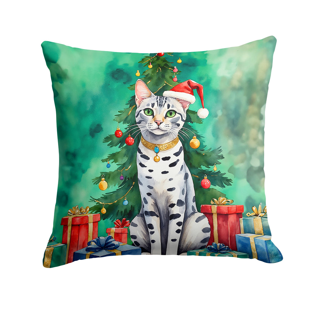 Egyptian Mau Cat By the Christmas Tree Decorative Throw Pillow 18x18 Indoor Outdoor Accent Cushion, Fabric Cover with Insert for Sofa, Bed, Porch & Living Room