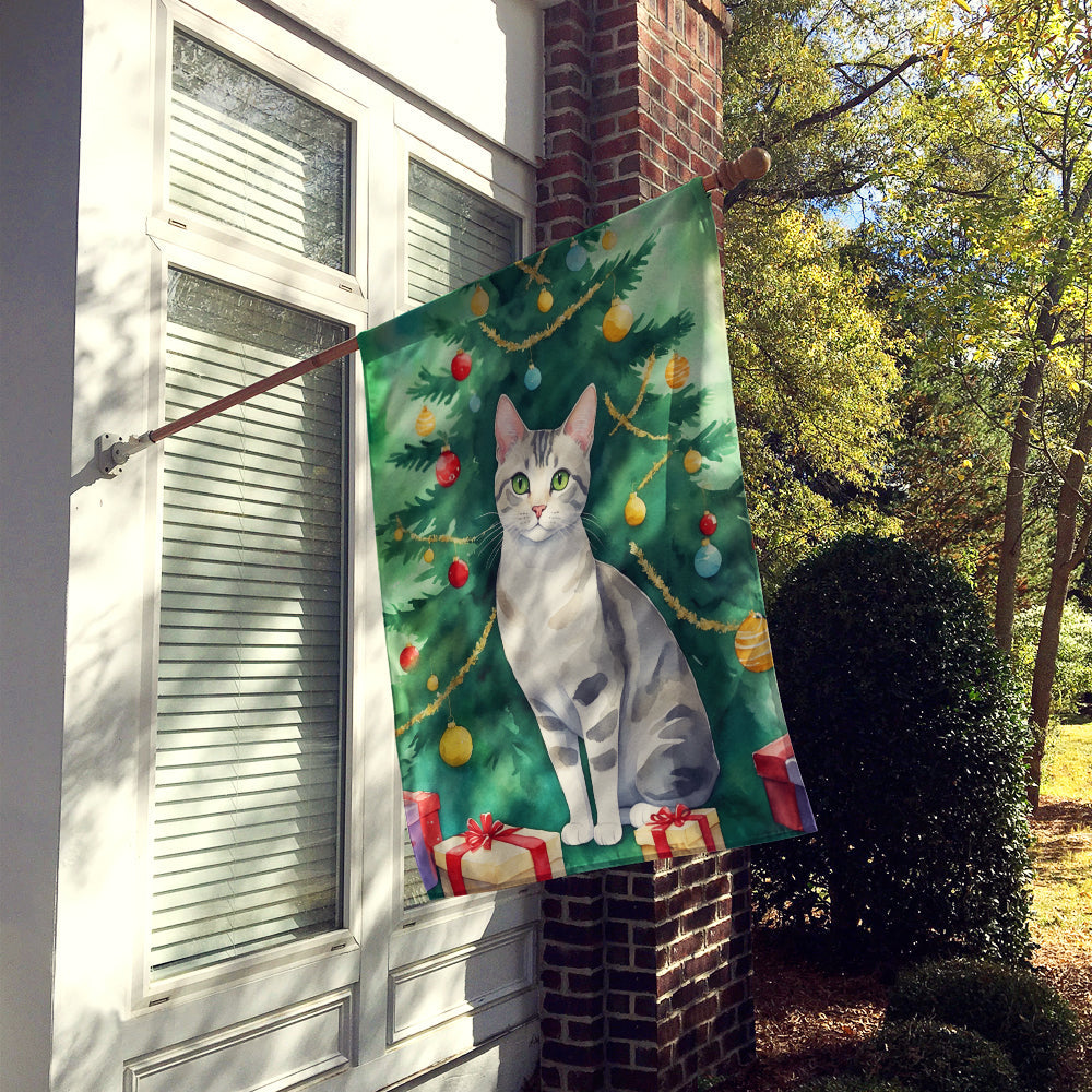 European Shorthair Cat By the Christmas Tree House Flag 28x40 Porch Sleeve Pole Decorative Outside Yard Banner Artwork Wall Hanging, Polyester
