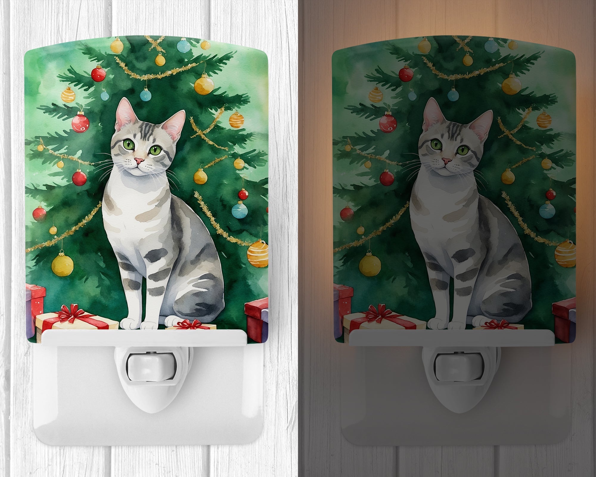 European Shorthair Cat By the Christmas Tree Ceramic Night Light Compact, UL-Certified, Ideal for Bedroom, Bathroom, Nursery, Hallway, Kitchen, 6x4x3, Multicolor