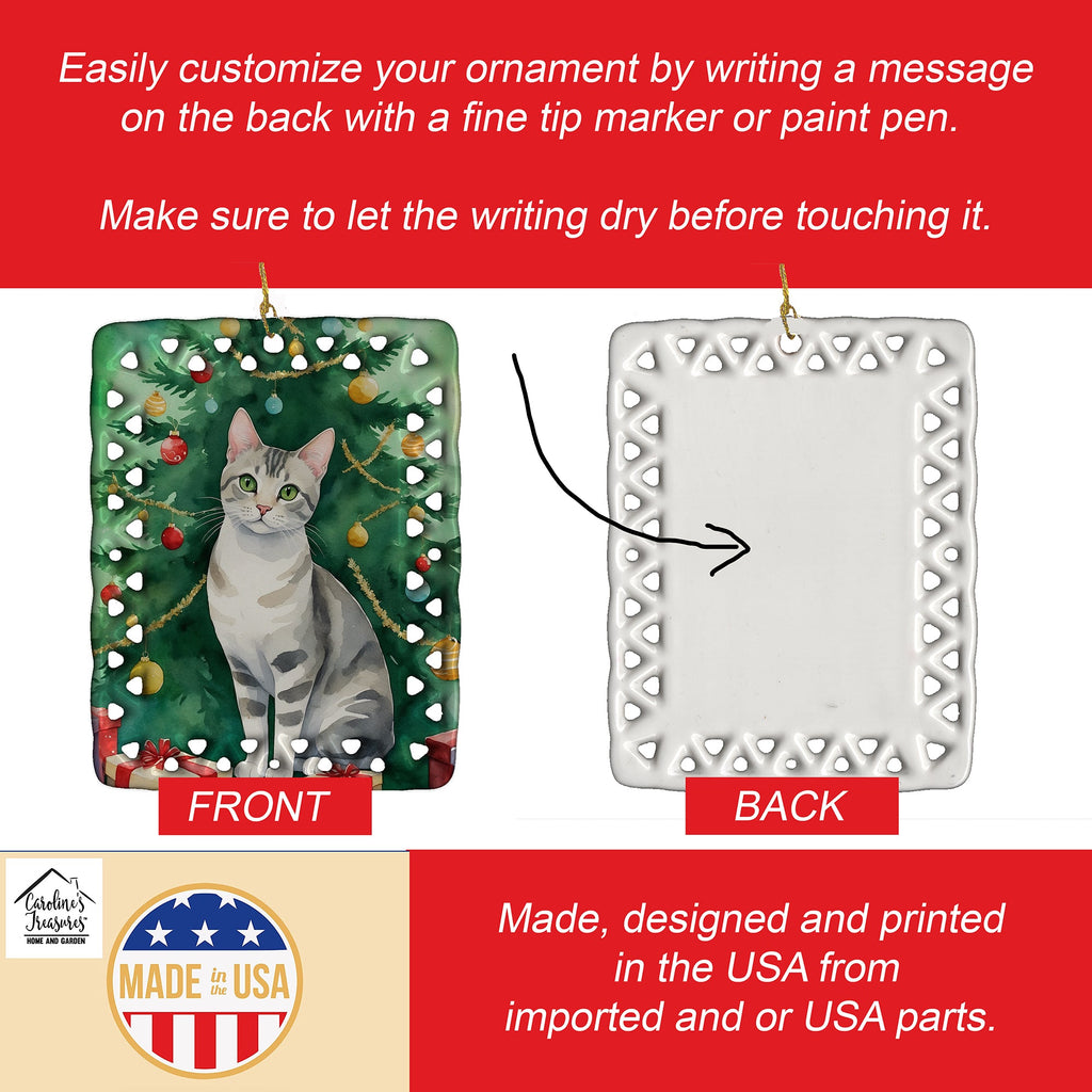 European Shorthair Cat By the Christmas Tree Porcelain Ornament Christmas Tree Hanging Decorations for Home Christmas Holiday, Rectangle, Gift, Multicolor