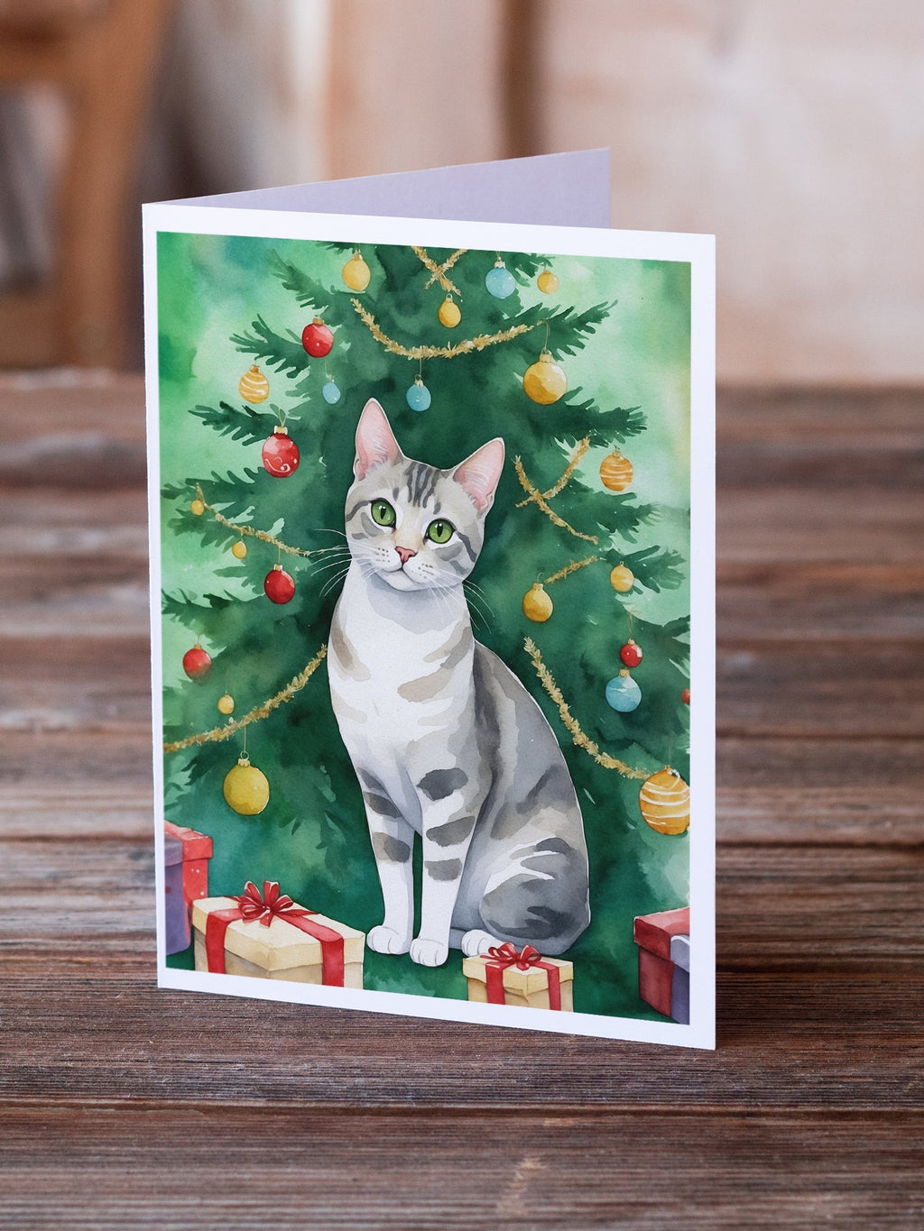 European Shorthair Cat By the Christmas Tree Greeting Cards Pack of 8 Blank Cards with Envelopes Whimsical A7 Size 5x7