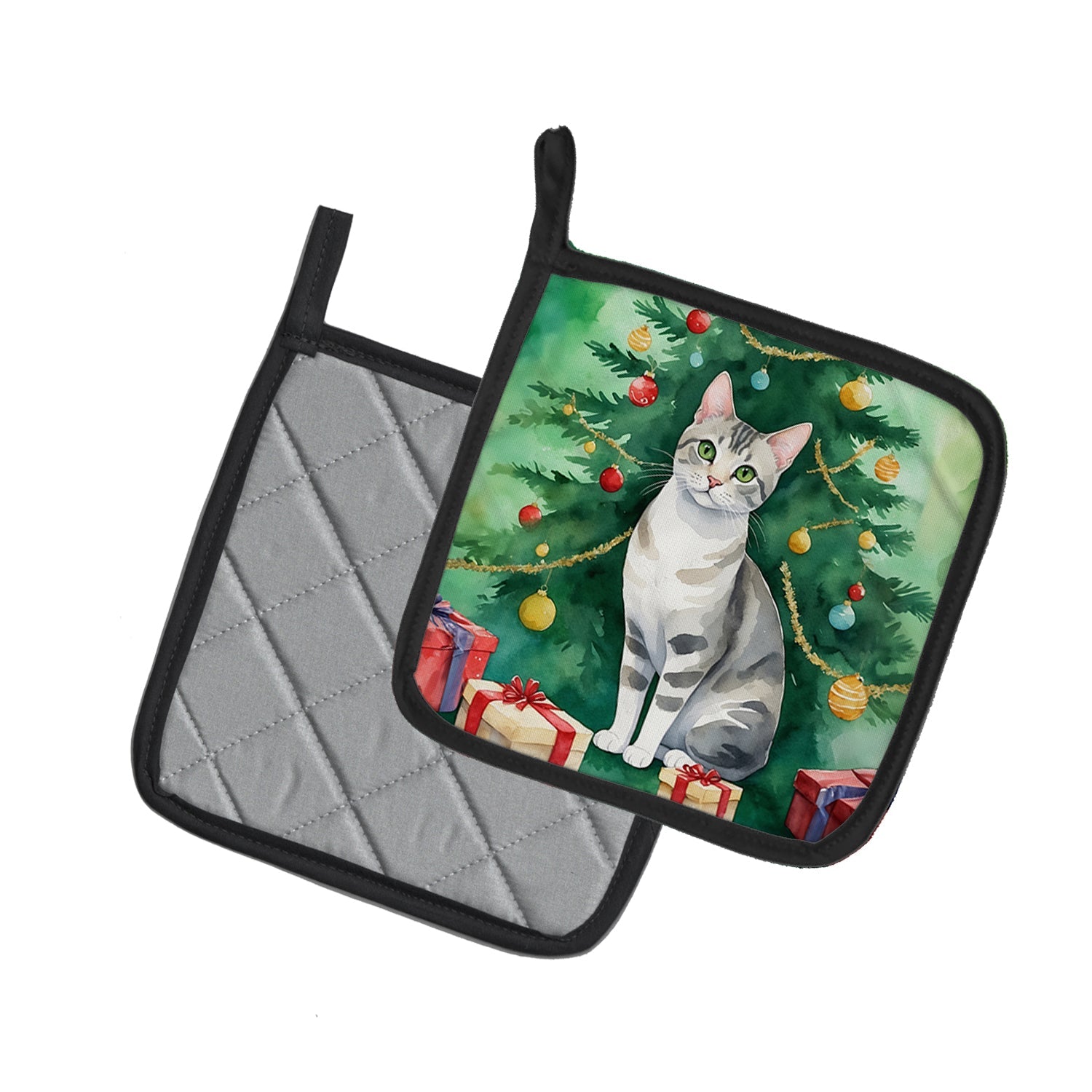 European Shorthair Cat By the Christmas Tree Pot Holder Set of 2 Heat Resistant Quilted Hot Pads 7.5 x 7.5 Inch, Insulated Kitchen Trivets for Cooking & Baking