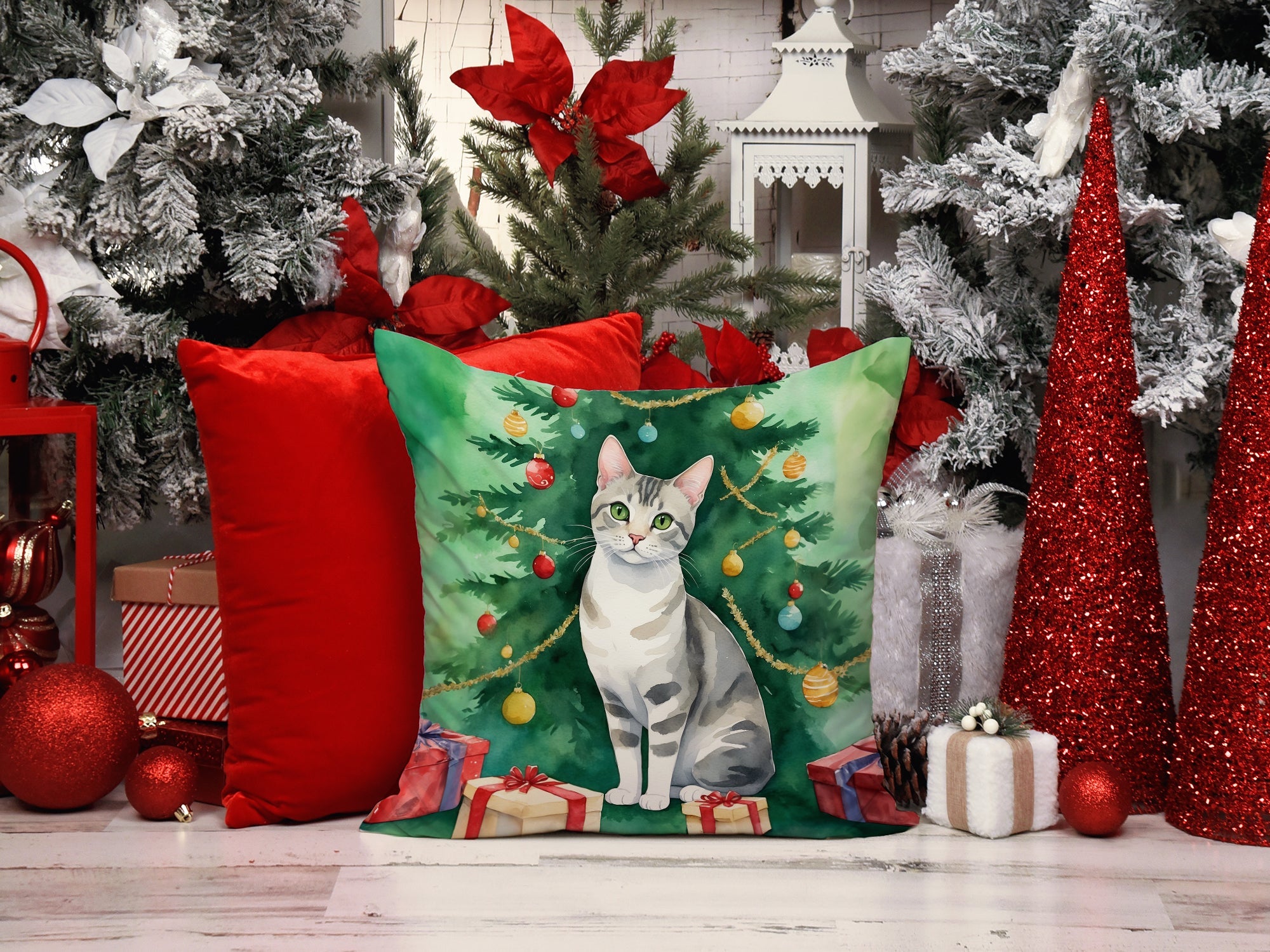 European Shorthair Cat By the Christmas Tree Decorative Throw Pillow 18x18 Indoor Outdoor Accent Cushion, Fabric Cover with Insert for Sofa, Bed, Porch & Living Room