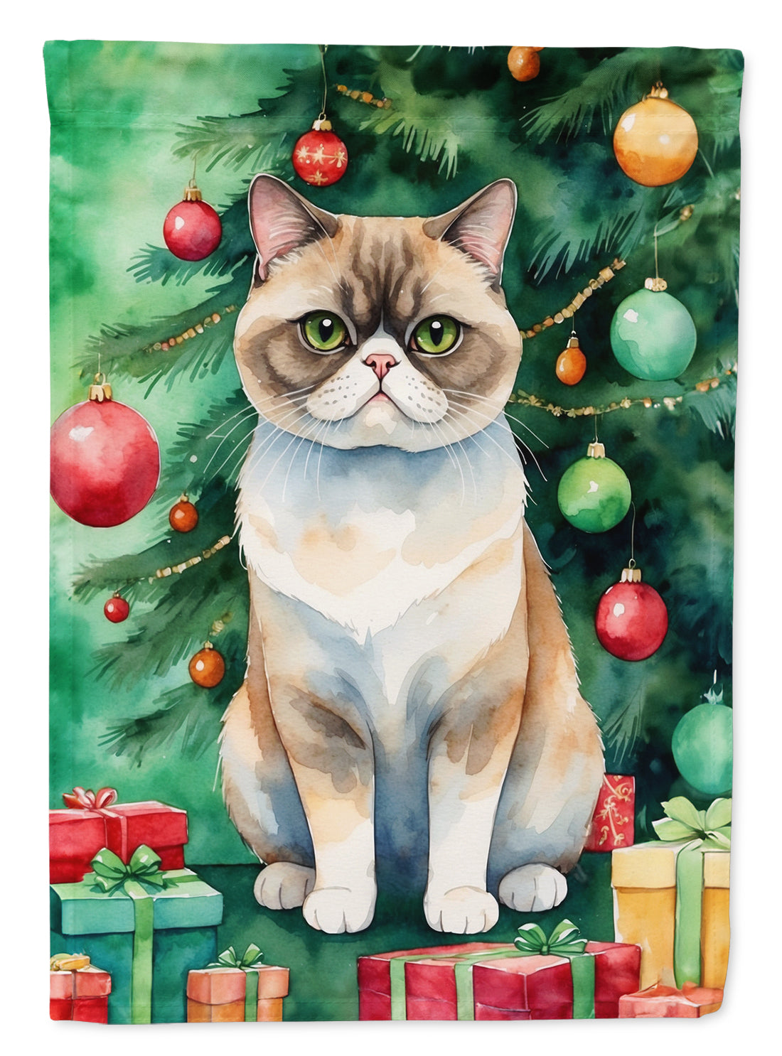 Exotic Shorthair Cat By the Christmas Tree House Flag 28x40 Porch Sleeve Pole Decorative Outside Yard Banner Artwork Wall Hanging, Polyester