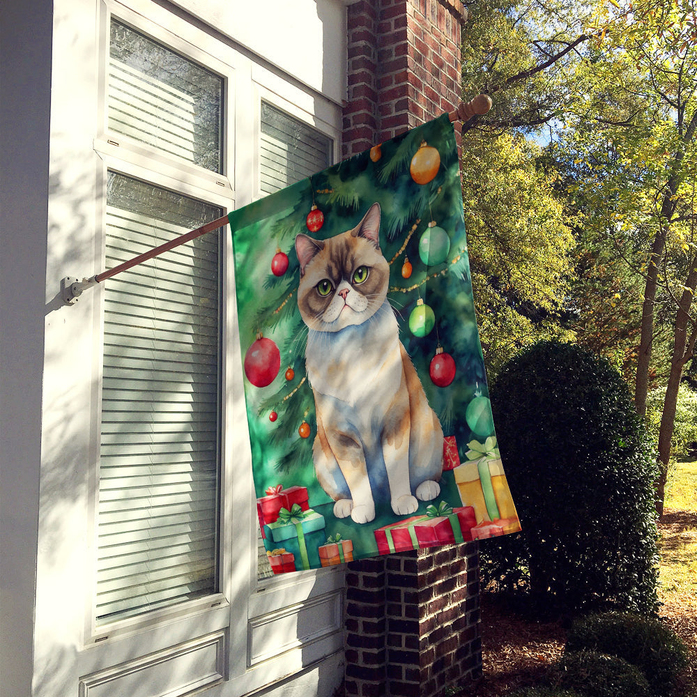 Exotic Shorthair Cat By the Christmas Tree House Flag 28x40 Porch Sleeve Pole Decorative Outside Yard Banner Artwork Wall Hanging, Polyester