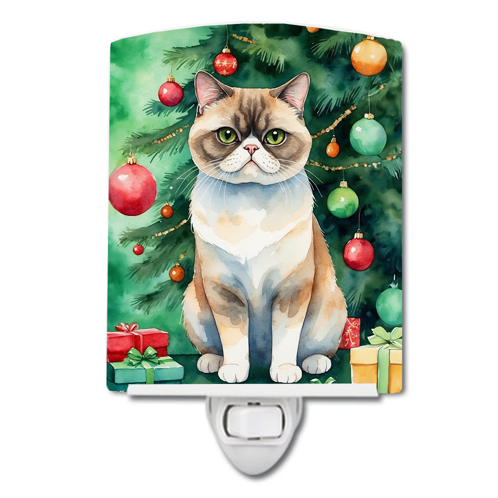 Exotic Shorthair Cat By the Christmas Tree Ceramic Night Light Compact, UL-Certified, Ideal for Bedroom, Bathroom, Nursery, Hallway, Kitchen, 6x4x3, Multicolor