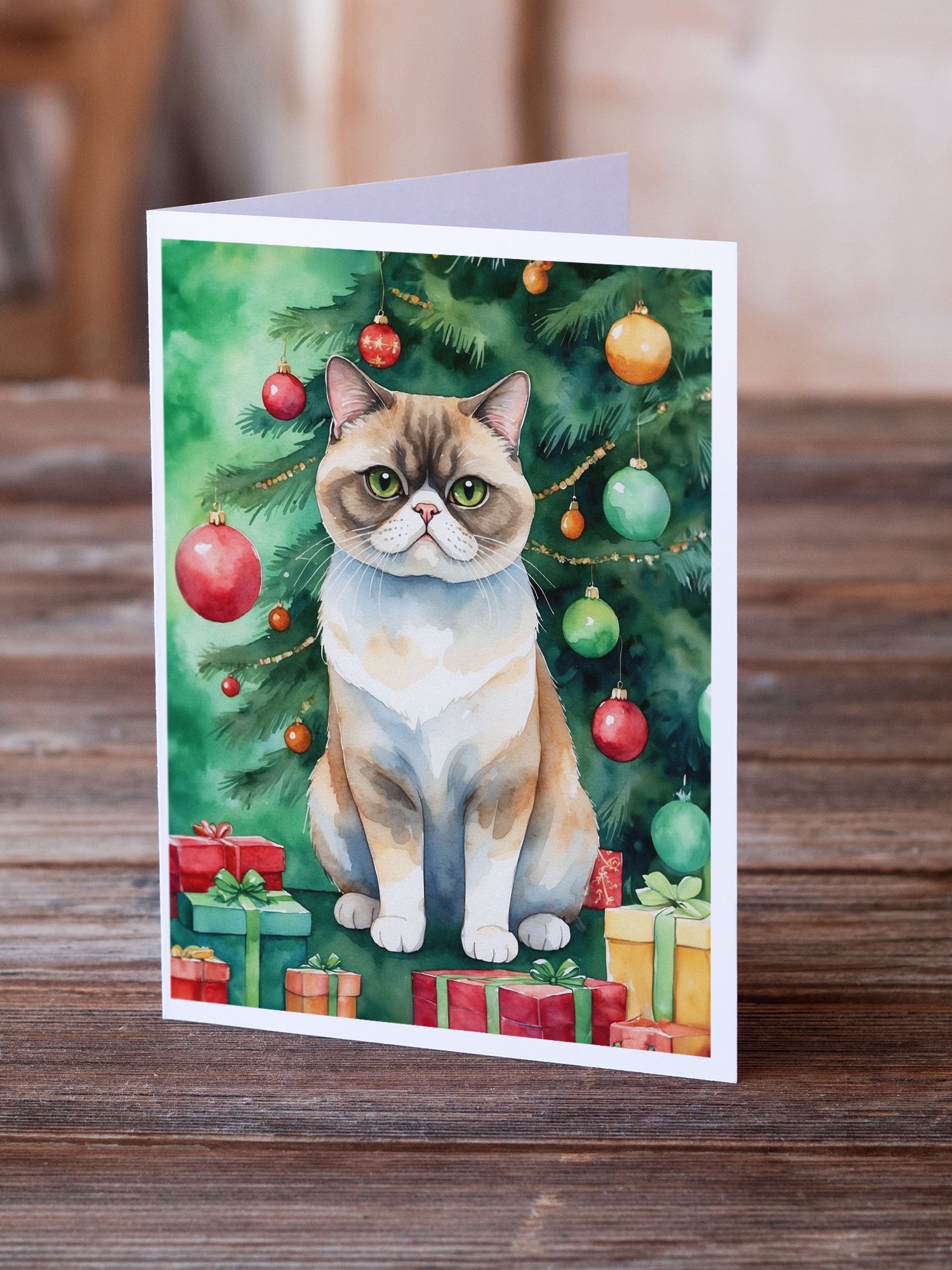 Exotic Shorthair Cat By the Christmas Tree Greeting Cards Pack of 8 Blank Cards with Envelopes Whimsical A7 Size 5x7