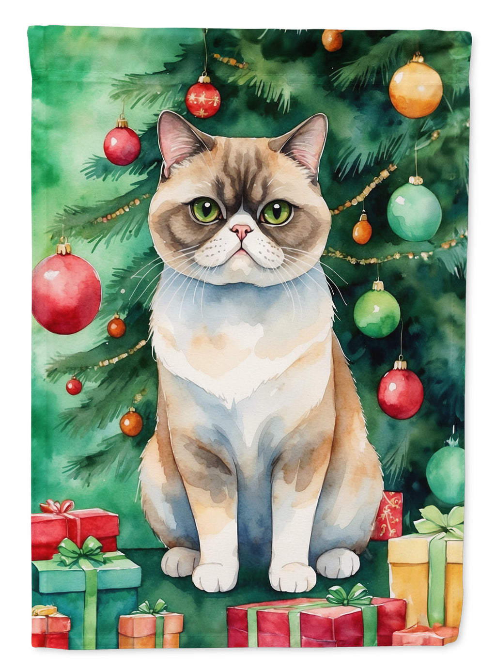 Exotic Shorthair Cat By the Christmas Tree Garden Flag Mailbox Decorative Yard Banner Outside Patio Artwork for Flower Beds, Garden Size, Multicolor