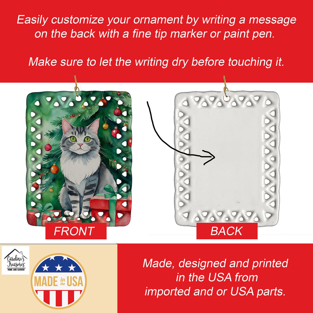 Foldex Exotic Fold Cat By the Christmas Tree Porcelain Ornament Christmas Tree Hanging Decorations for Home Christmas Holiday, Rectangle, Gift, Multicolor