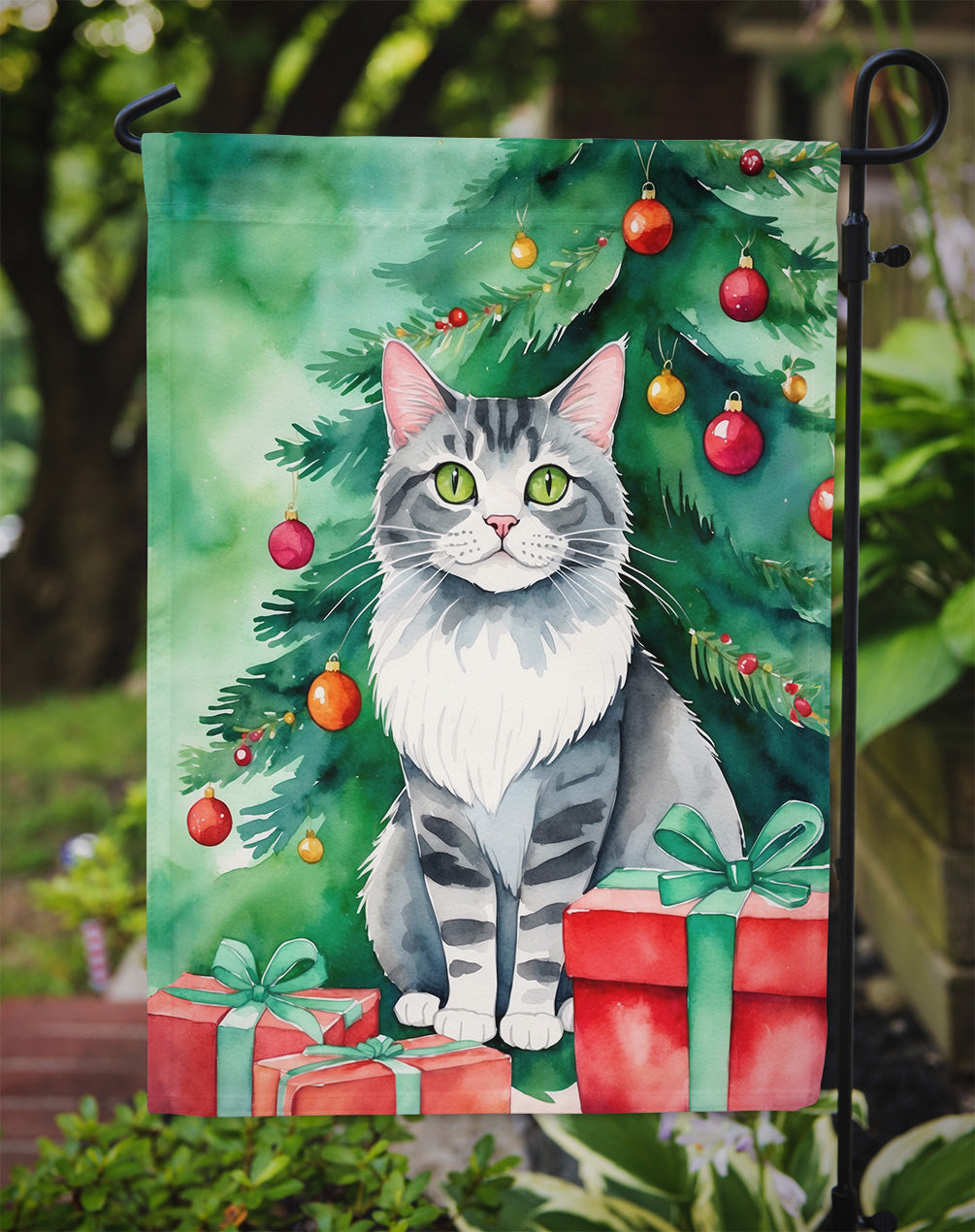 Foldex Exotic Fold Cat By the Christmas Tree Garden Flag Mailbox Decorative Yard Banner Outside Patio Artwork for Flower Beds, Garden Size, Multicolor