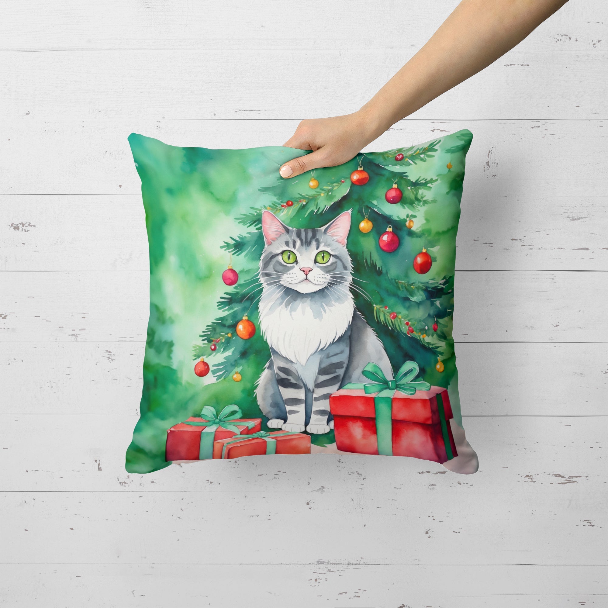 Foldex Exotic Fold Cat By the Christmas Tree Decorative Throw Pillow 18x18 Indoor Outdoor Accent Cushion, Fabric Cover with Insert for Sofa, Bed, Porch & Living Room