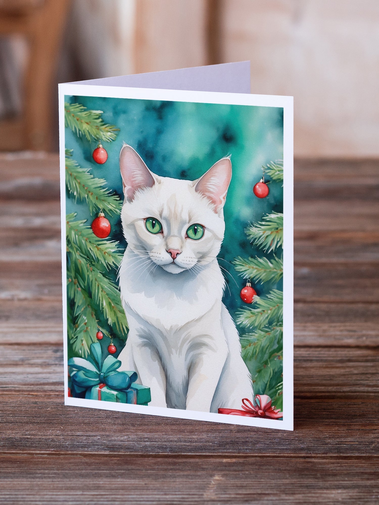 Foreign White Cat By the Christmas Tree Greeting Cards Pack of 8 Blank Cards with Envelopes Whimsical A7 Size 5x7