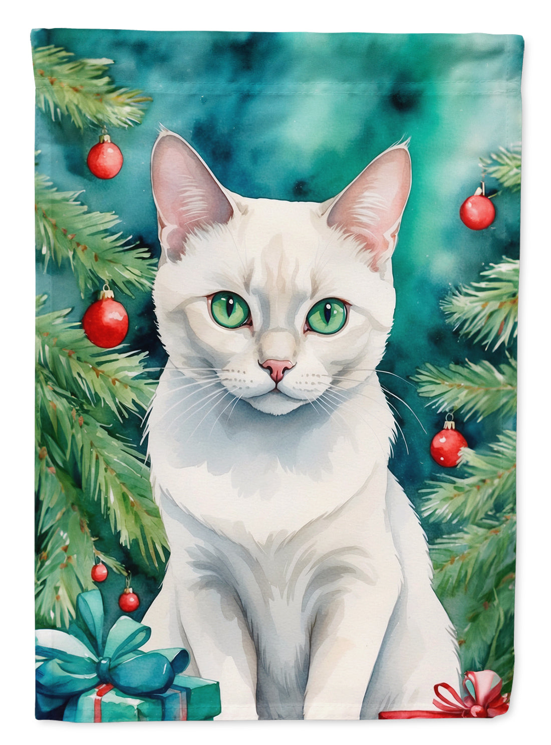 Foreign White Cat By the Christmas Tree Garden Flag Mailbox Decorative Yard Banner Outside Patio Artwork for Flower Beds, Garden Size, Multicolor